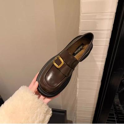 Версия из коровьей кожи, экстравагантная золотая пряжка, квадратный круглый носок, кожа, лоферы, толстый каблук, женская, осенняя