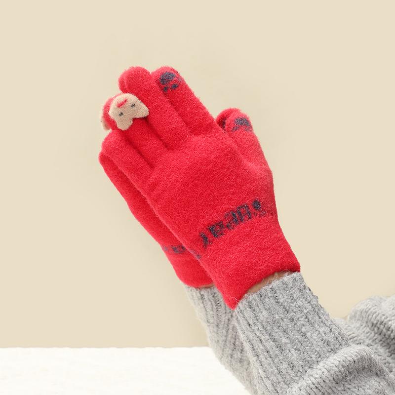 Женские зимние теплые красные шерстяные перчатки с лисой - Сенсорные и непродуваемые