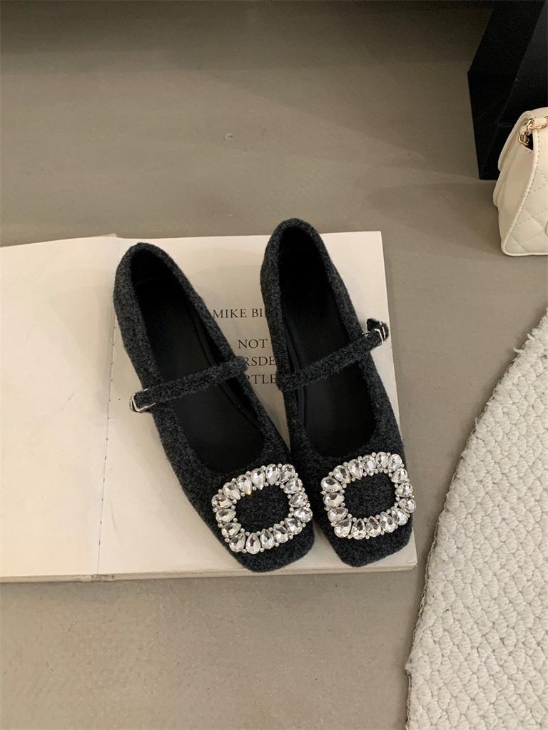 French Retro Square Head Shallow Mouth Single Shoes Spring New Rhinestone Evening Breeze Temperament Fairy Thick Heel Mary Jane Shoes