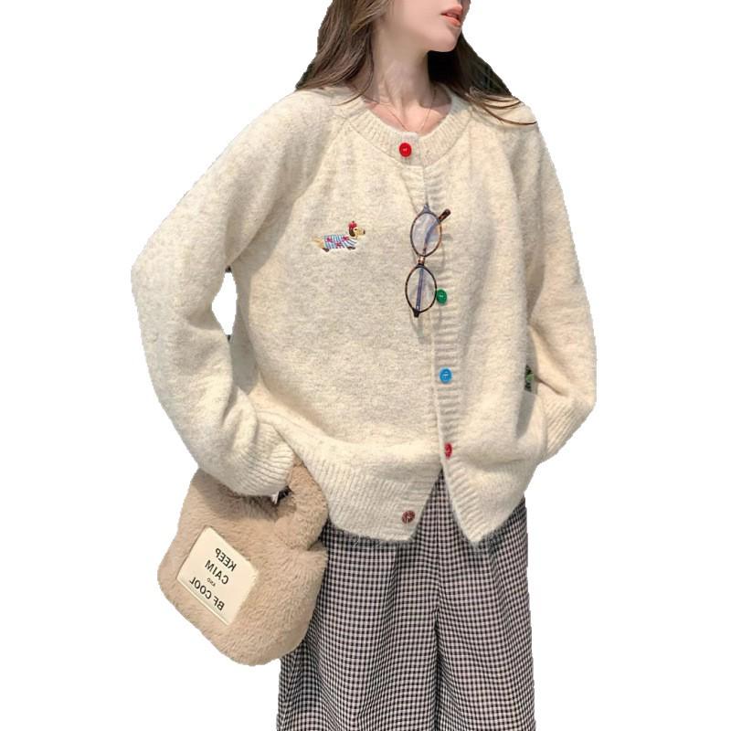 Sweet Puppy Pattern Buttoned Cardigan - Women's Korean Style, Round Neck, Long Sleeve, Versatile Outerwear for Spring/Autumn 2025.