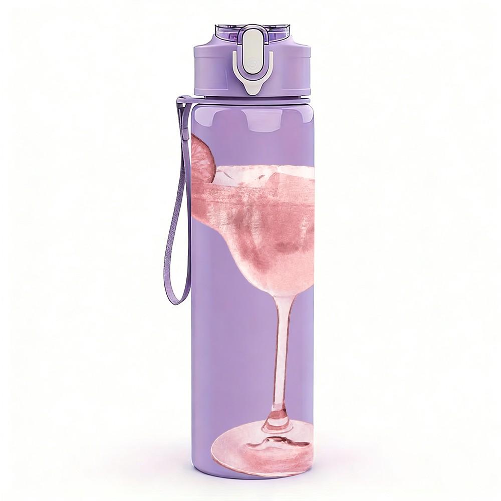 1PC Pink Cocktail Glass Print 750ml sports water bottle leakproof straw lid outdoor office home