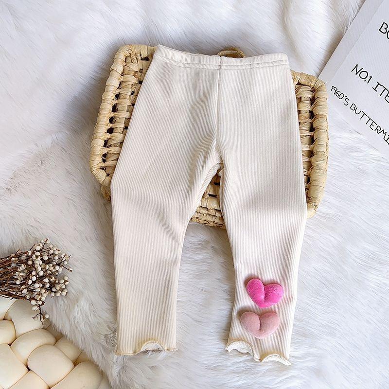 Девичьи осенне-зимние брюки-верхняя одежда на флисовой подкладке, стильные флисовые леггинсы облегающего кроя с узором в виде сердечек, детская одежда