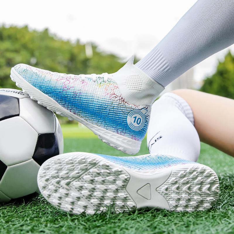 Football Shoes 35-48 Unisex Football Shoes High-top Elastic Sock Mouth Rubber Soft Bottom TF Football Shoes Kids Training Football Boots