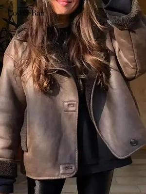 Женская куртка из искусственной кожи из овечьей шерсти, осень-зима, винтажное однобортное пальто с толстыми лацканами, женская теплая верхняя одежда с карманами