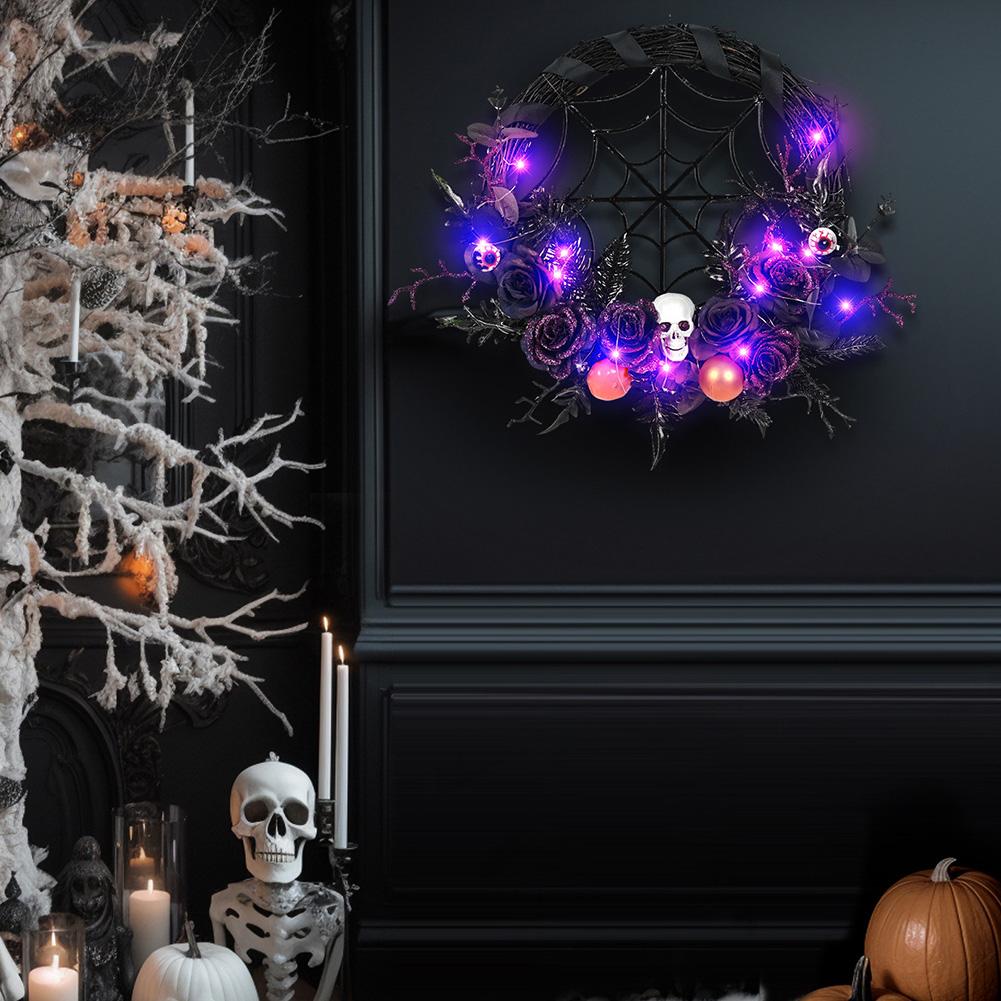 Halloween Wreath With Led Lights, Scary Halloween Rose Web Wreath Horror Skull Vine Wreath Decoration For Front Door Walls Fireplace Windows
