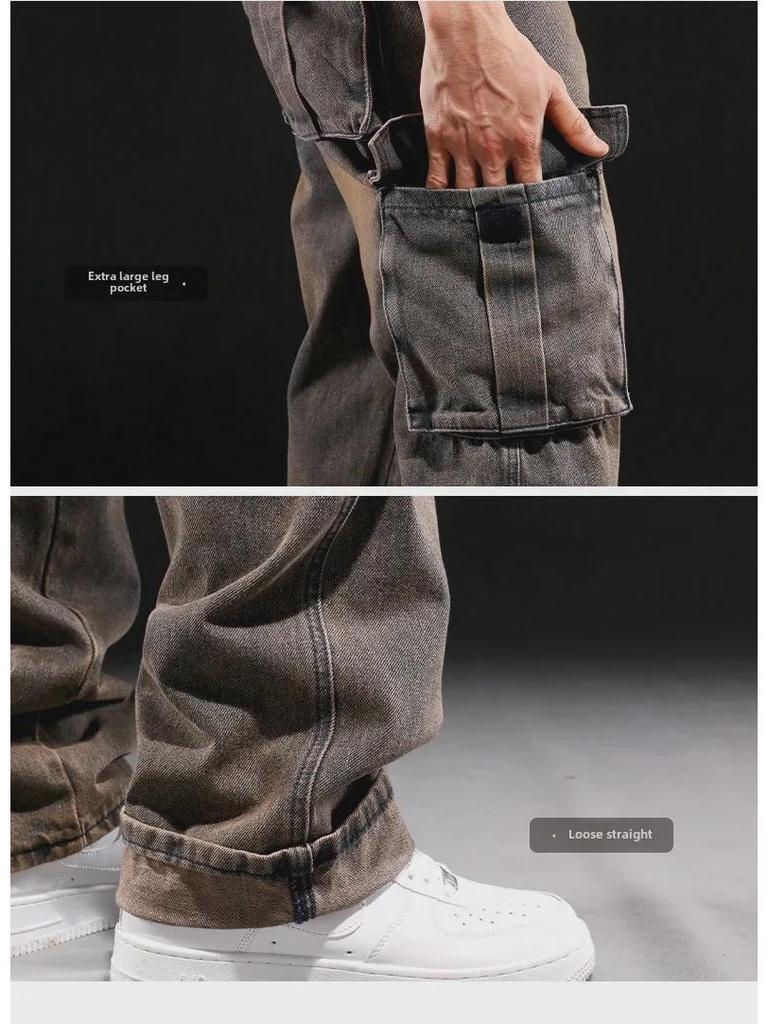 Мужские джинсы американского стиля с широкими штанинами и множеством карманов, свободные рабочие джинсы, большой размер