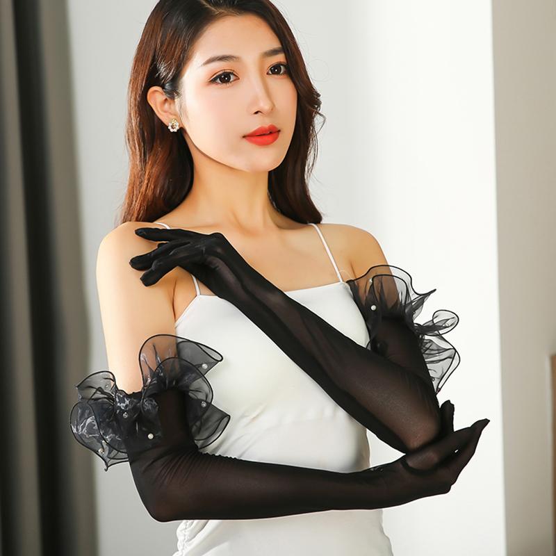1 пара перчаток для невесты, черные шелковые, 55 см, солнцезащитные, прозрачные, сетчатые, этикетные, варежки с искусственным жемчугом и длинным рукавом, свадебный декор