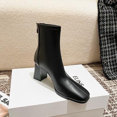 Тонкие ботинки из цельной коровьей кожи, квадратный носок, ботильоны, задняя молния, осенне-зимние, бархатные, французские, на толстом высоком каблуке, короткие ботинки, женские одинарные ботинки
