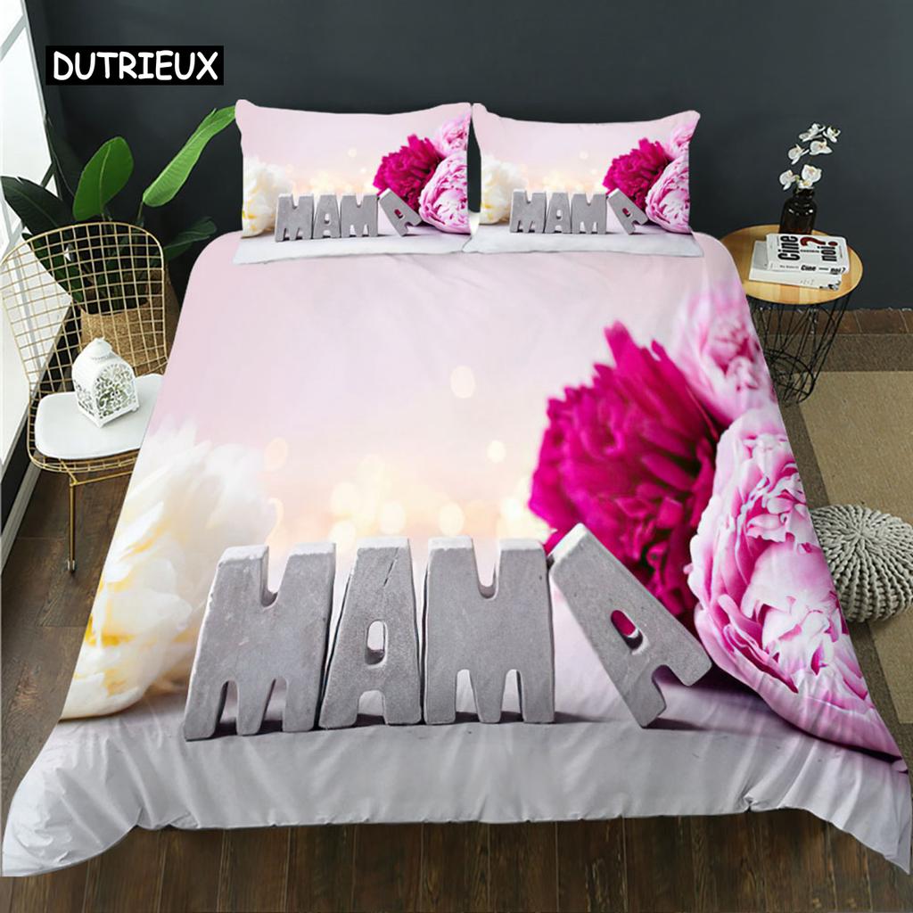 Mother's Day King Queen Duvet Cover Express Love for Mom Wife Bedding Set Colorful Floral Quilt Cover Polyester Comforter Cover