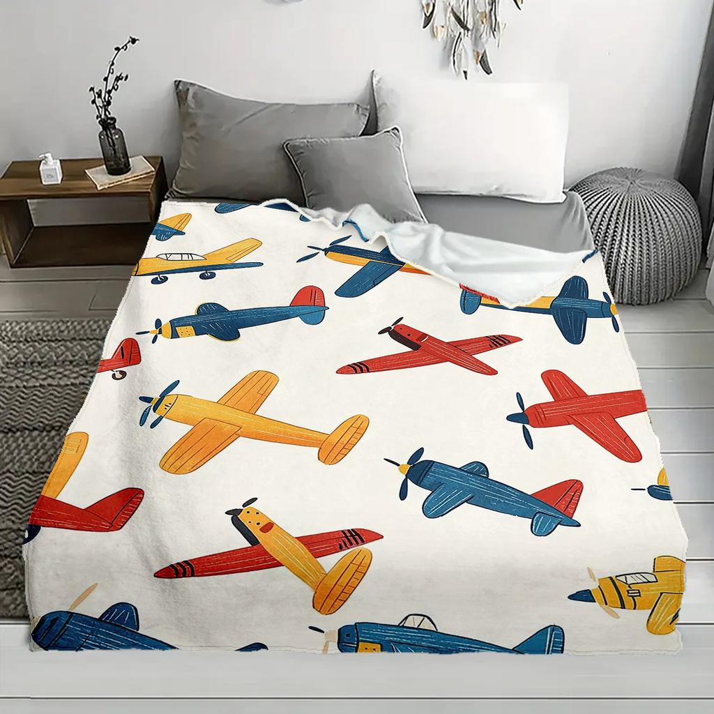 1pc Contemporary Airplane Print Flannel Throw Blanket - 100% Polyester, All Seasons, Tear Resistant, Digital Print, Knit Fabric,