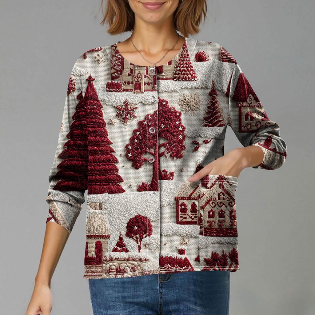 Women's Casual Long-Sleeved Single-Breasted Christmas-Themed Print  Cardigan