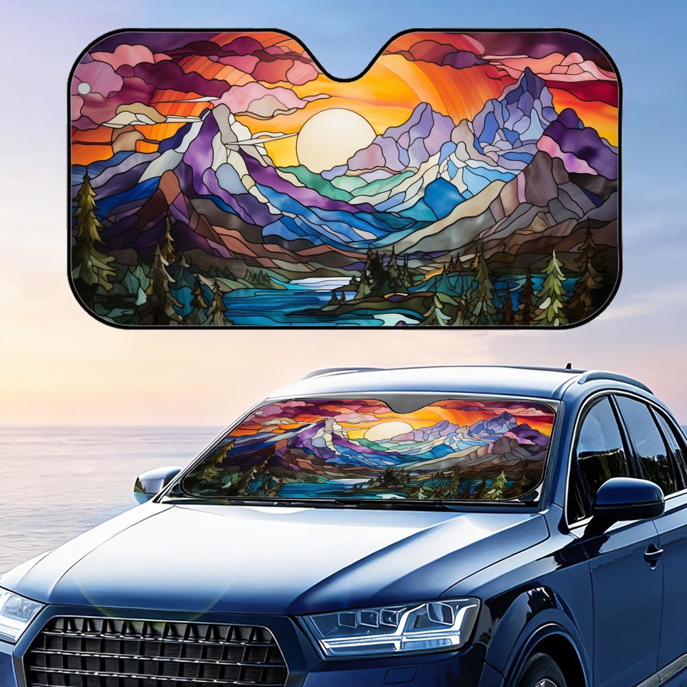 Stained Glass Mountains Sun Sun Visor Foldable Universal Car Windshield Sun Shade UV Protection Heat Insulation Foldable Cover