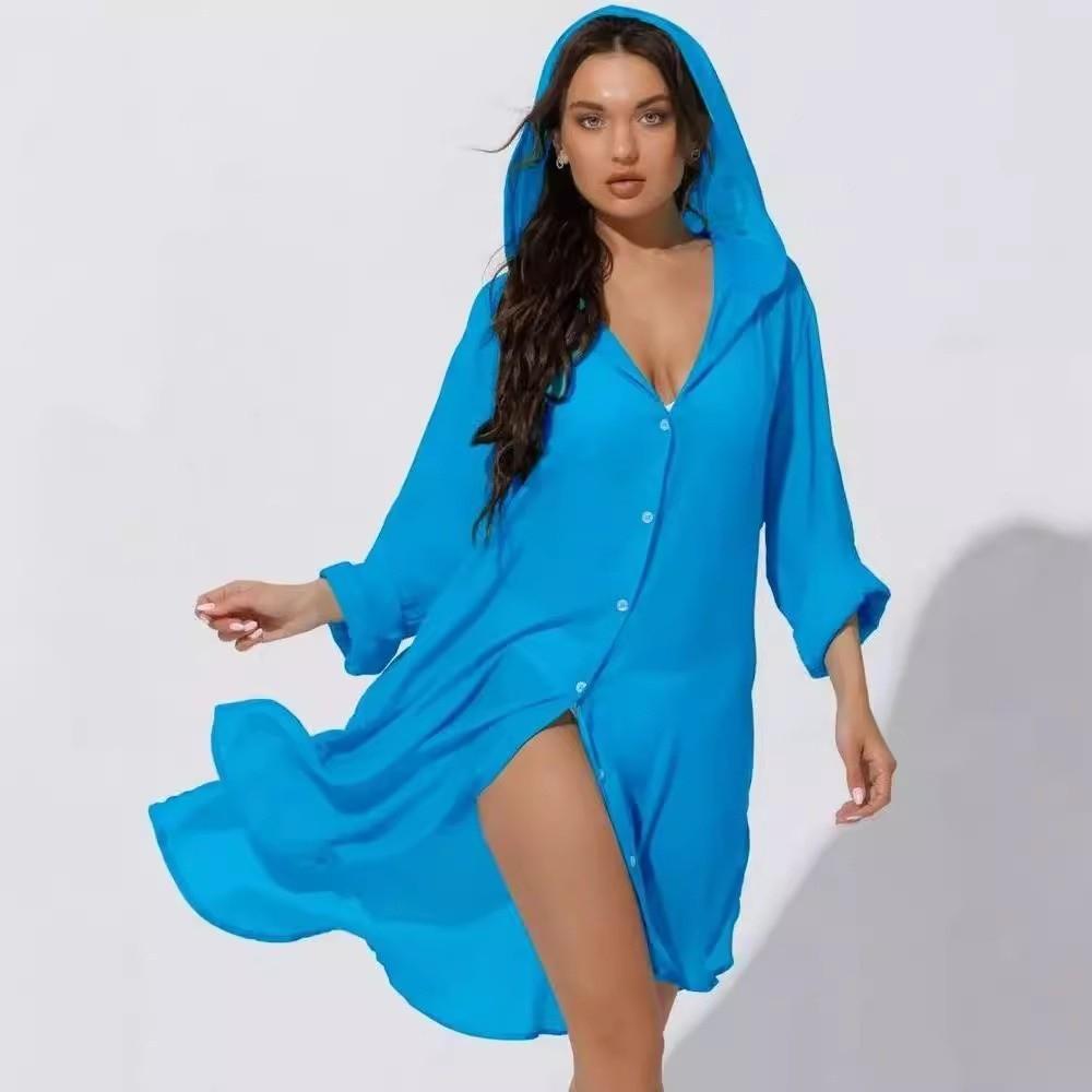 Solid Color Button Down Tunic Dress Long Sleeve Blouse Tops Beach Bikini Cover-up Vacation Outfit