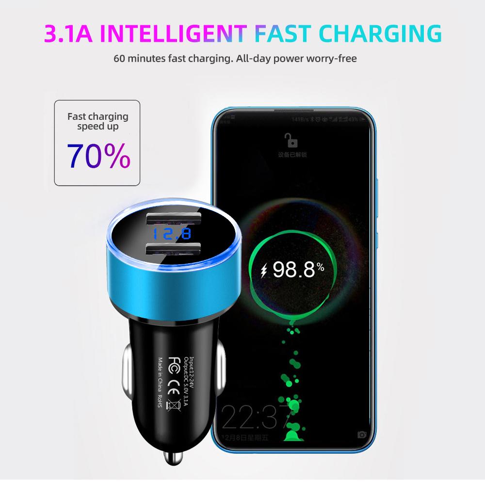 Universal 12V-24V Fast Dual USB Car Charger Adapter with LED Voltage Display 3.1A Car Phone Charger