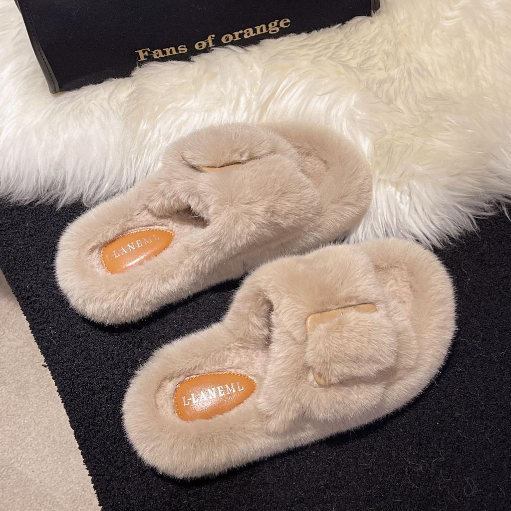 2024 New Casual Buckle One Word Fluffy Slippers Solid Color Home Fashion Outside Wear Cotton Drag