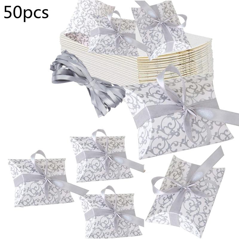 50 шт., коробка конфет в форме подушки с лентой, достаточно места для свадебных сувениров, ювелирных закусок