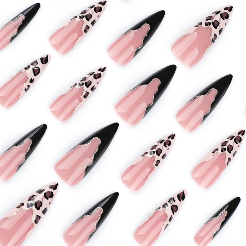 24Pcs Leopard Print Press On Nail Long False Nail French Tip Glossy Artificial Nail Full Cover Stick on Nail