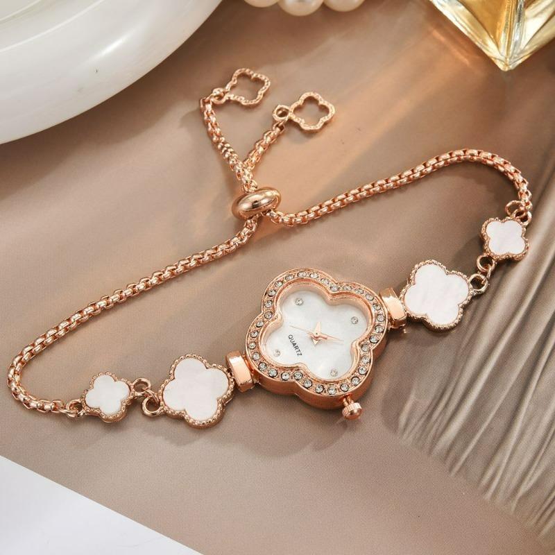 Ленивый Pull Браслет-часы Четырехлистник Женский Зеленый Инкрустированный Алмазами Легкая Роскошь Нишевый Высококачественный Темперамент Изысканный