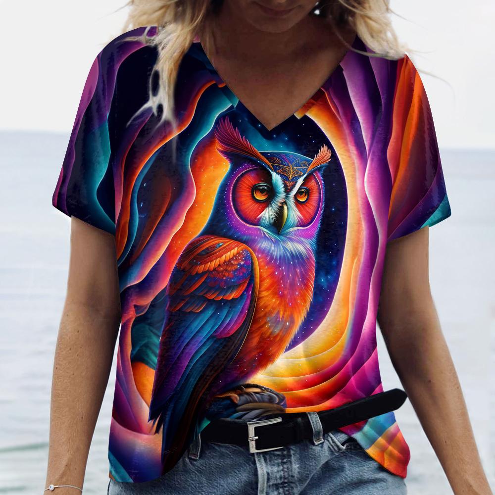 Женская летняя футболка с коротким рукавом, свободная одежда больших размеров, топы с v-образным вырезом, топы с принтом животных и птиц, женские повседневные футболки, одежда 2024