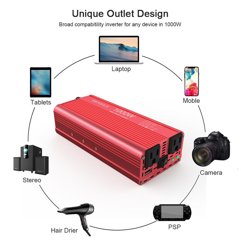 Car Power Inverter EBTOOLS 1000W 2000W Inverter 12V DC To 110V AC Car Converter with 2 AC Out
