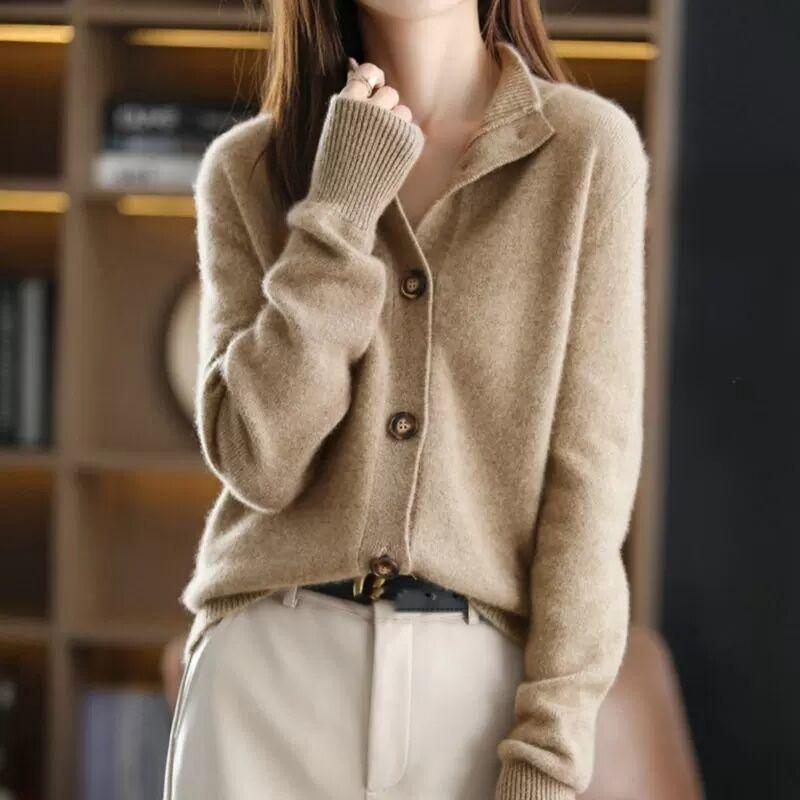 Autumn Winte Stand Collar Women's Korean Version Long Sleeved Sweater Casual Top Knitted Cardigan Solid Loose Short Jacket
