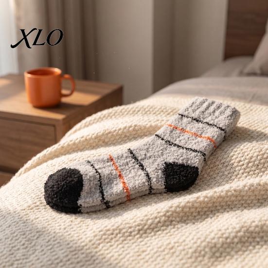 Skiing Thermal Layer Socks Thickened Coral Fleece for Men, Striped Mid-calf Socks, Soft Non-slip Cozy Winter Hosiery Fuzzy Crew Winter, Cold