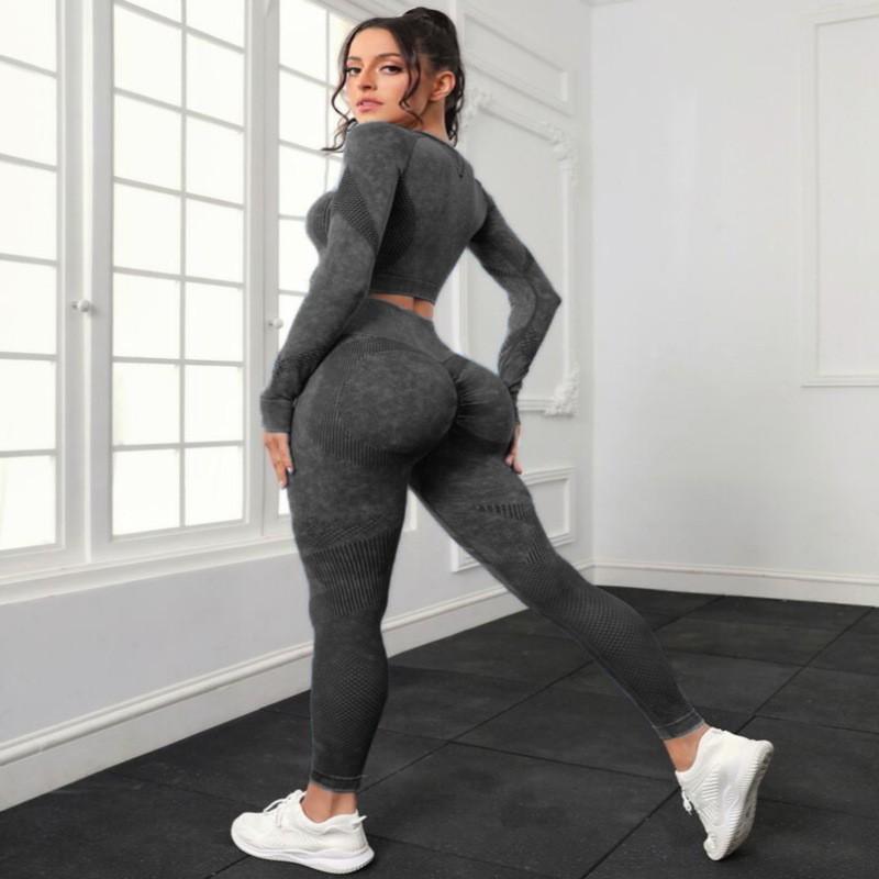 7-Color Washed Matte Yoga Set Women Long Sleeve Top High-Waisted Legging Fitness Activewear