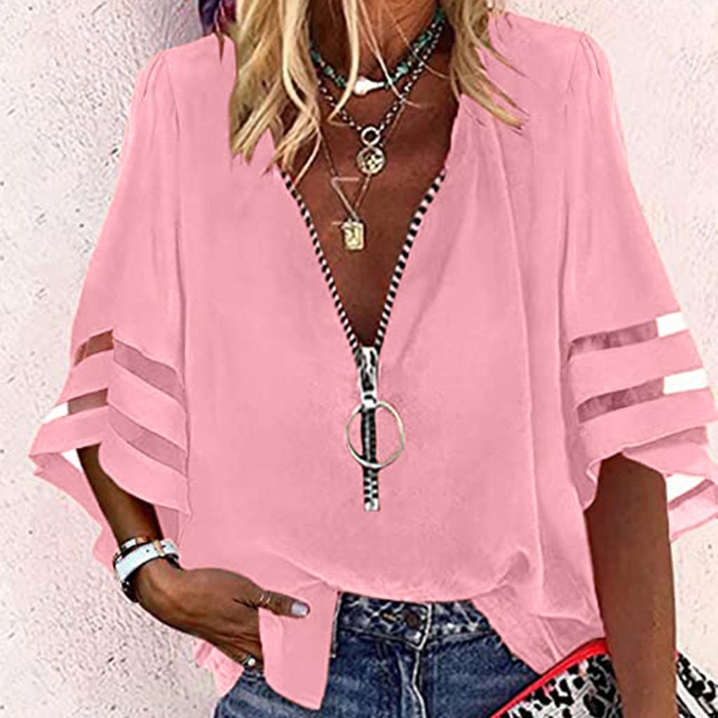 Women's Fashion Solid Colour Casual Loose Mid Sleeve Patchwork T-Shirt Top