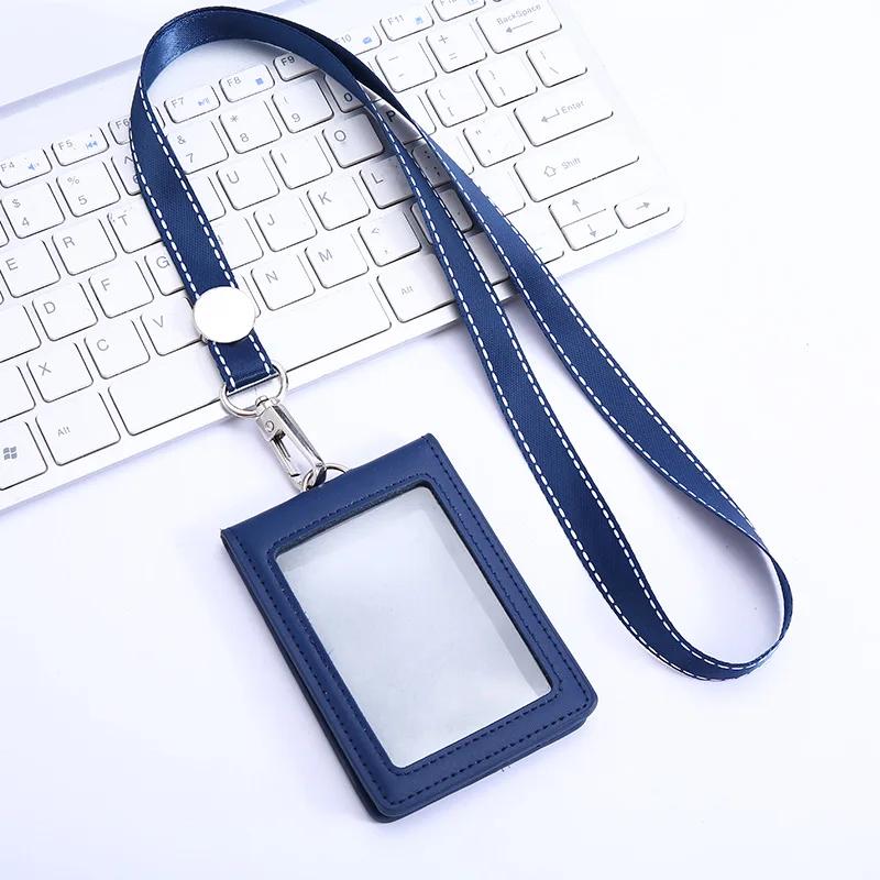 Fashion PU Business Credit Card Id Holders Wallet Case PU Badge Card Holder with Neck Strap Lanyard School Office Supplies