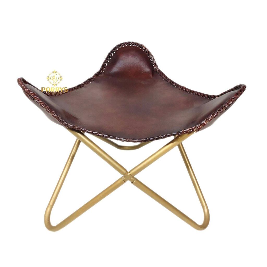 Коричневое кожаное кресло для отдыха - индийское кресло-бабочка ручной работы с османской рамкой