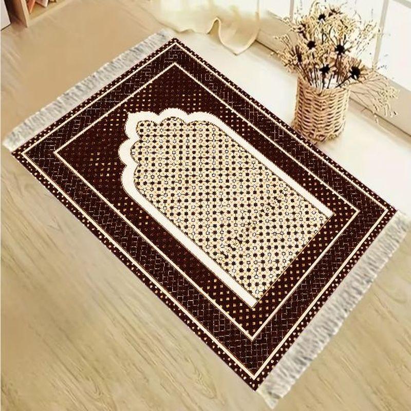 Dark Brown Gilded Square Geometric Arch Islamic Prayer Mat, Foldable Portable Muslim Prayer Rug for Home Decor