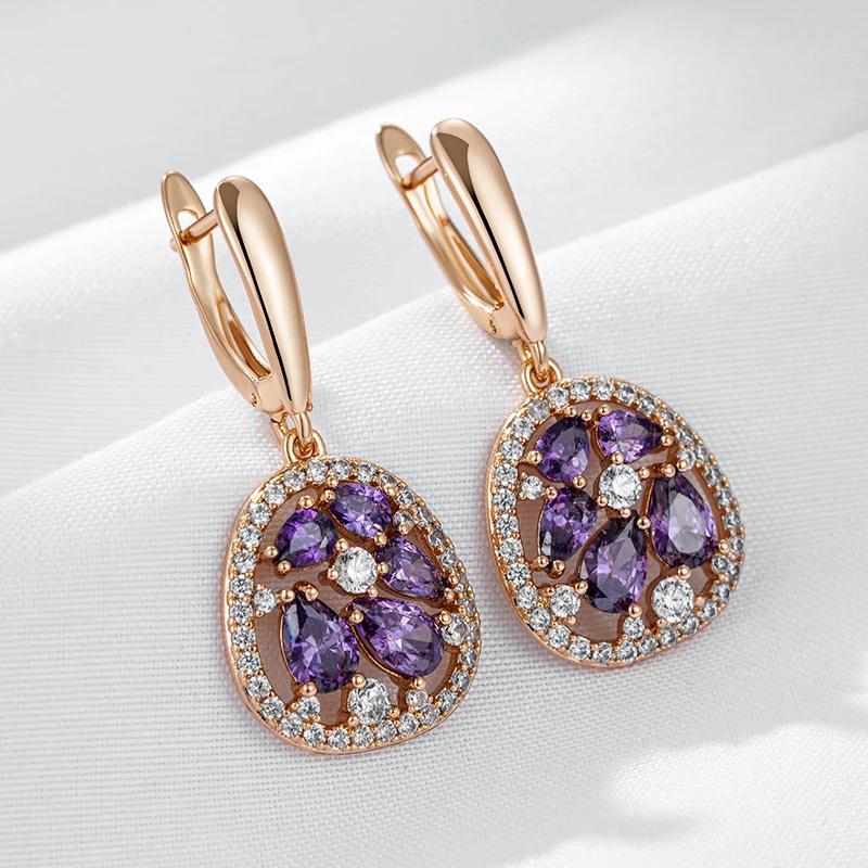Gold Purple Luxury Zircon Color Drop Dangle Earrings For Women Wedding Engagement Jewelry Gift