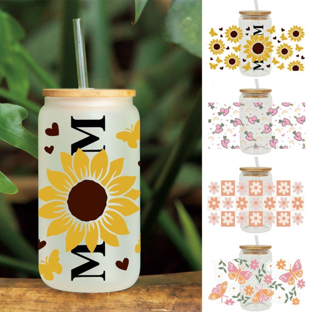 Rub on Cup Wraps Flower Printed Transfer Cup Stickers 3D UV DTF Transfers Stickers  16OZ Glass Cups