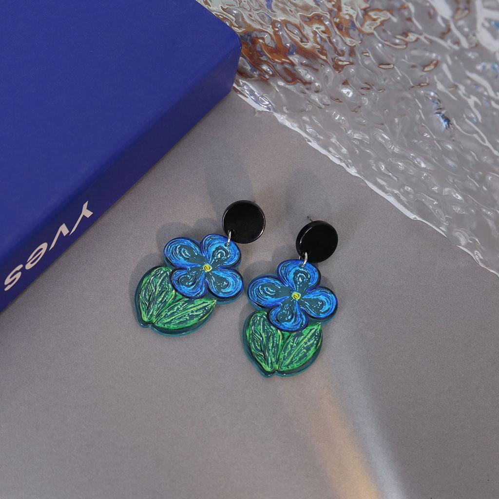 Summer High-End Oil Painting Blue Flower Earrings, Simple Small And Fresh Mori Graffiti Acrylic Earrings