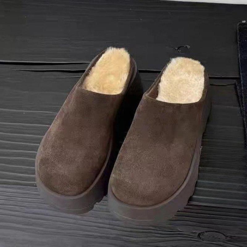 Модные женские туфли-мюли на платформе с открытой пяткой, замшевые туфли на плоской подошве, женская мода 2025 года, повседневные зимние теплые хлопковые тапочки, шлепанцы