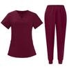 Women's Short Sleeved Solid Color V Neck Pocket Top Pants Work Clothes Two Piece Set