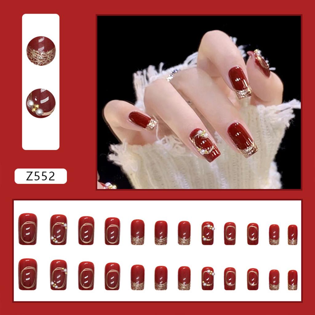 Wine Red Glossy Fake Nails New Year Square Tips Reusable Artificial Nail for Daily Students Nail Decoration