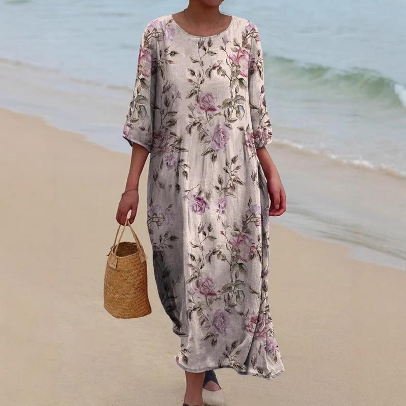 2025 Women's Retro Floral Print Long Sleeve Midi Dress - European & American Vintage Style
