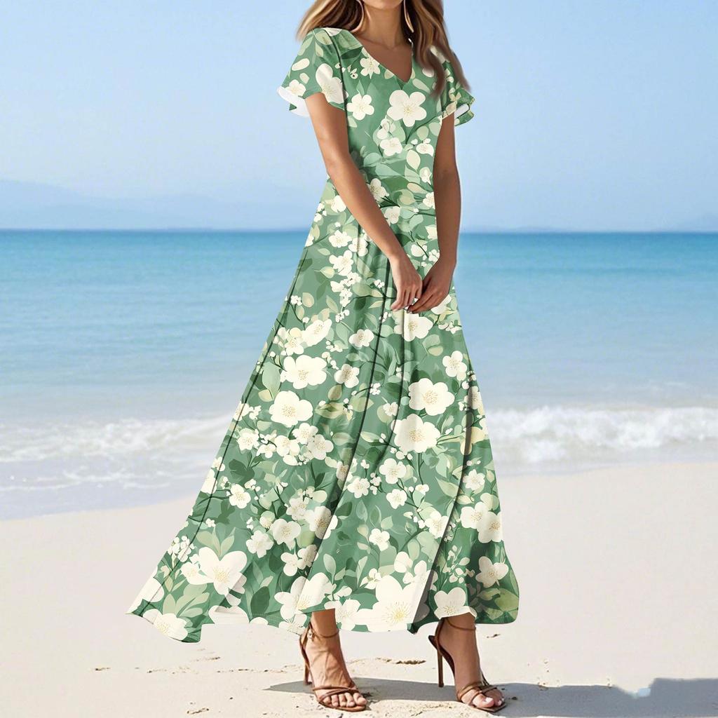 Женские повседневные модные длинные платья с принтом, платья с V-образным вырезом и коротким рукавом