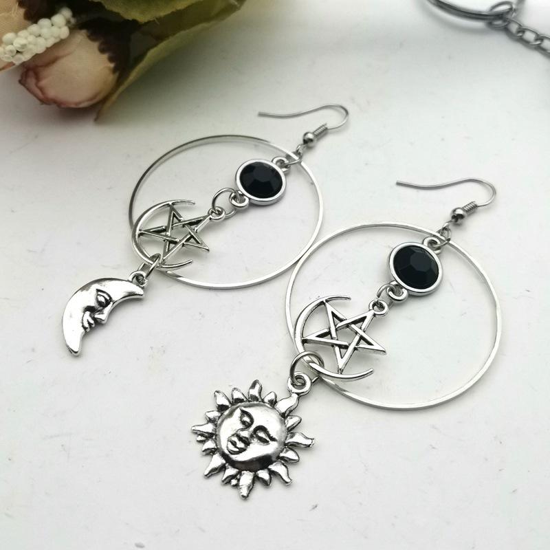 Gothic Retro Black Zircon Sun Moon Mango Star Long Pendant Dangle Earrings for Women Bohemian Fashion Jewelry Accessories Gifts
