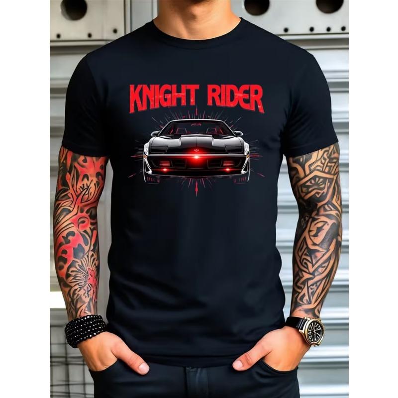 Мужская футболка с коротким рукавом и принтом - Стиль ретро Knight Rider, Мягкая, Круглый вырез, Модное волокно, Смелый дизайн принта, Летняя футболка, Модная одежда для улицы