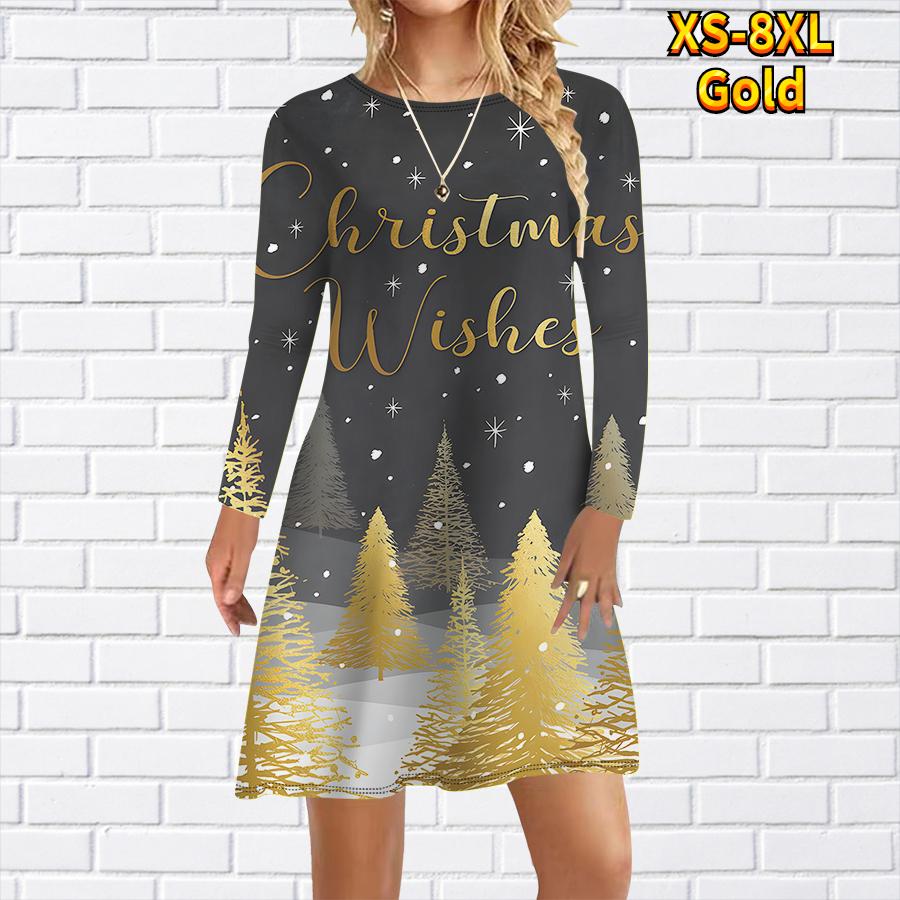 Женское повседневное платье с принтом рождественской елки и снега Платья для женщин с круглым вырезом и коротким рукавом Платье размера плюс