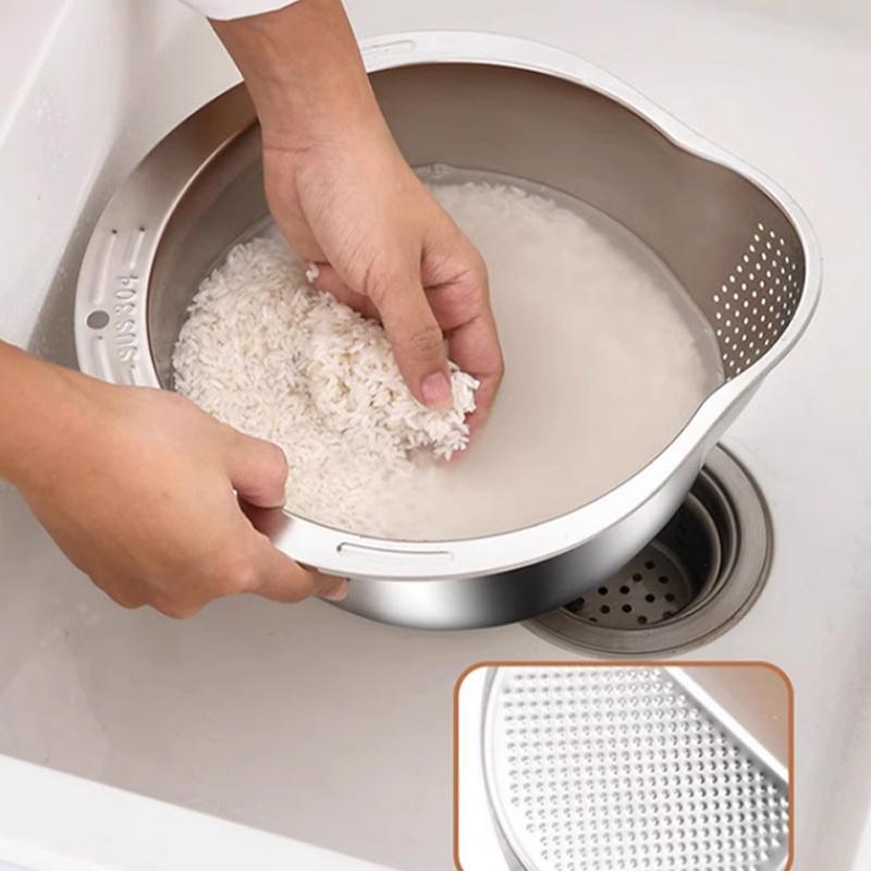 Stainless Steel Multi Purpose Kitchen Strainer, Ergonomic Design for Washing Rice, Fruits, Vegetables, Durable Drain Basket with Fine Mesh Filter,