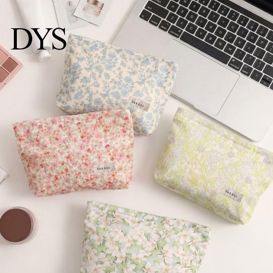 Compact Travel Case Floral Cotton Makeup Bag, Large Capacity Toiletry Bag with Multi Portable Beauty Storage Compartments, Cute Skincare Cosmetic