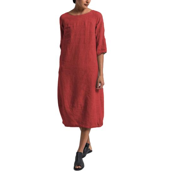 Newest Vintage Summer Women Solid Color O Neck Half Sleeve Linen Soft Loose Midi Dress
