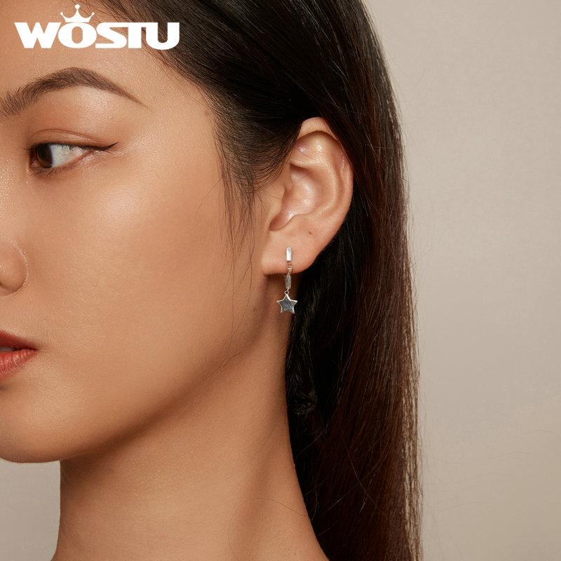 WOSTU 925 Sterling Silver Double Star Dangle Hoop Earrings For Women Punk Geometric Star Pendant Earrings Minimalist Jewelry