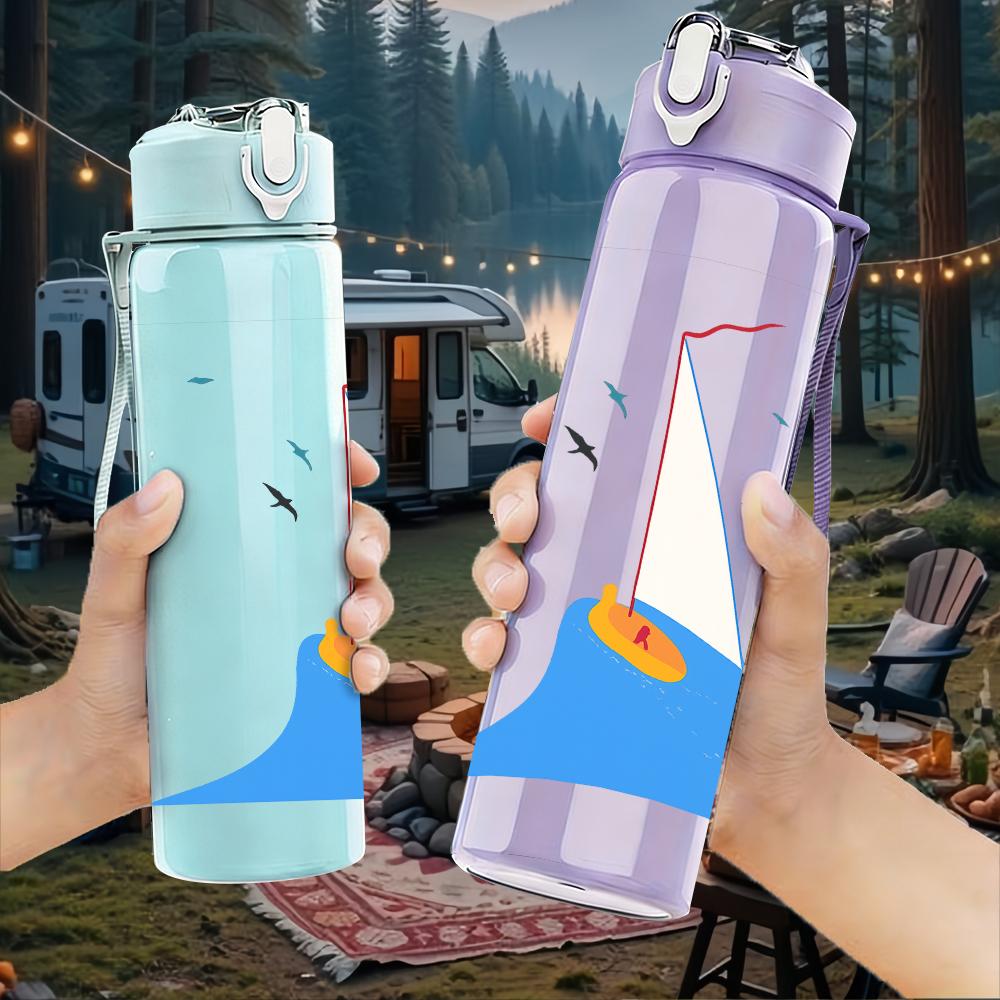1PC Blue Sea Sailboat Minimalist 750ml Color Plastic Sports Water Bottle Leakproof Flip Straw Lid Suitable for Sports Office Home Use