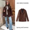Vintage Suede Lapel Blazer Jacket Woman Brown Long Sleeves Loose Coat Simple Commut Casual Outwear Fashion Streetwear Spring New