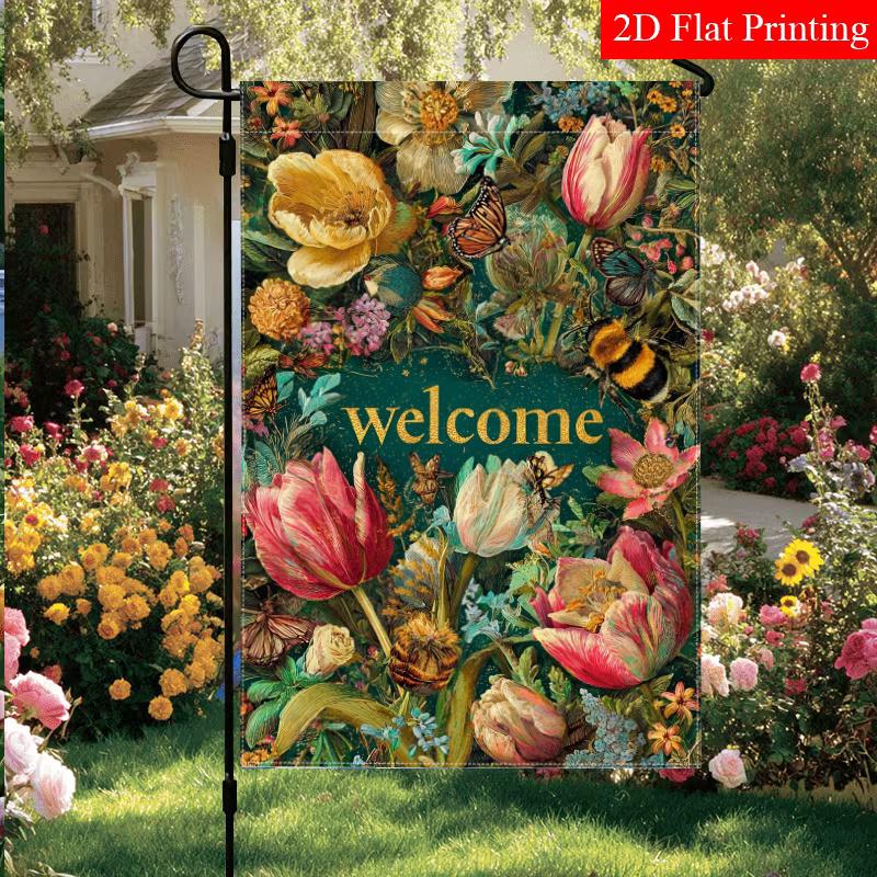 1pc Spring or Summer Easter Tulip Welcome Bees Colorful Flower Garden Flag_1 (1)- Outdoor Garden Flag Double-sided Home Decoration Courtyard Decoratio