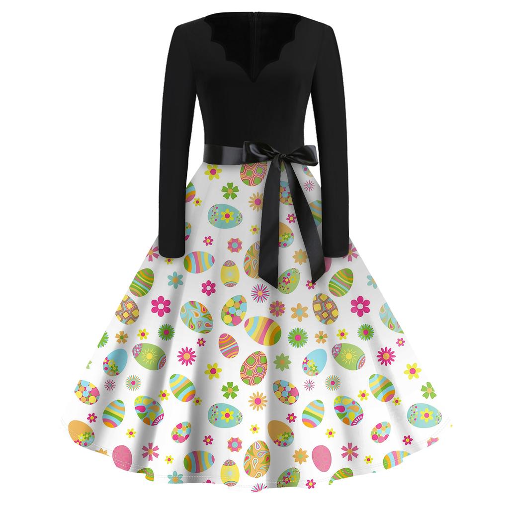Женская мода с v-образным вырезом, повседневные тонкие пасхальные платья с длинным рукавом и принтом